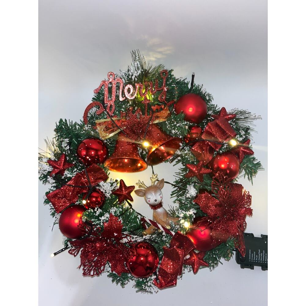Pre Lit Merry Christmas Wreath with Twinkly Lights plus Reindeer Poinsettia Bell - Picture 6 of 16